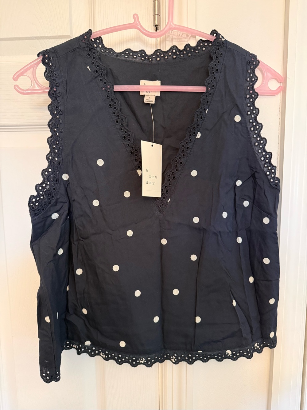 a new day Navy Polka Dot Eyelet Trim Tank